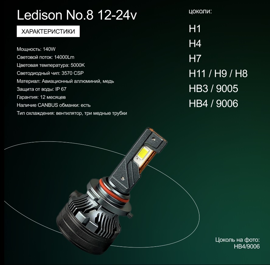 Лампа автомобильная Ledison №8 (H1) 2шт./12V-24V, 140W, 14000Lm, 5000K/В 7 раза ярче стандартной галогенной лампы/ на Лампа автомобильная Ledison №8 (H1) 2шт./12V-24V, 140W, 14000Lm, 5000K/В 7 раза ярче стандартной галогенной лампы/ на